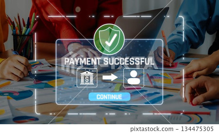 Payment Transaction Successful in Modern Workspace with Diverse People Engaged in Financial Planning and Business Development Overview. Raster 134475305