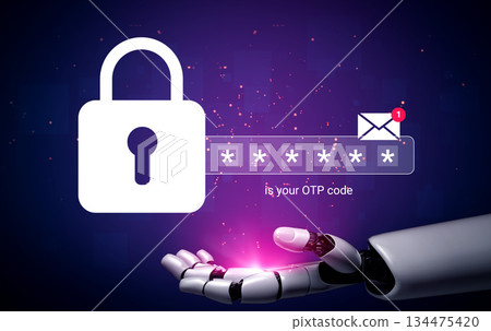 Secure Access Verification with Visual of Robot Hand, Lock Icon and One-Time Password Notification on Digital Background Gantry 134475420