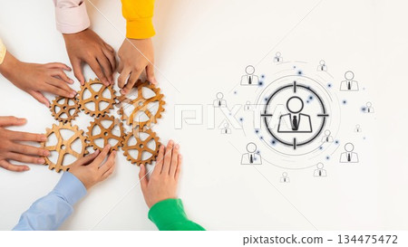 Collaborative Teamwork with Gears and Digital Connections Representing Networking, Partnership, and Synergy in Business Environment. Raster 134475472