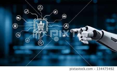 Futuristic robotic hand interacting with digital shopping cart interface highlighting technology, automation, ecommerce, and connectivity concepts for online retail solutions Synapse Futuristic robotic hand interacting with digital shopping cart interface highlighting technology, automation, ecommerce, and connectivity concepts for online retail solutions Synapse 134475492