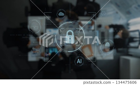 Digital Security Concept with Lock Symbol and Artificial Intelligence Elements in Modern Office Setting with Cloud Technology and Data Protection Themes. Raster 134475606