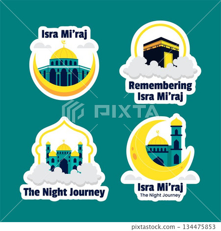 Label Illustration Isra Mi'raj Night Journey of Prophet Muhammad Flat Cartoon Hand Drawn Style 134475853