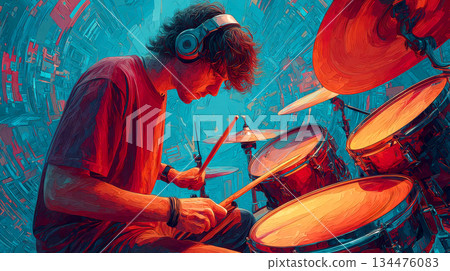 Drummer playing energetic rhythm with headphones Drummer playing energetic rhythm with headphones 134476083