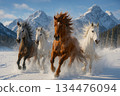 Horses running on the snowy field 134476094