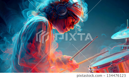 Colorful drummer playing music passionately 134476123