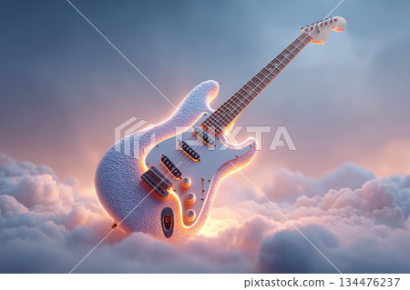 Fluffy electric guitar surrounded by clouds, glowing softly 134476237