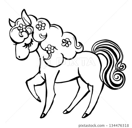 A retro, fairytale-like white pony with its eyes closed and flowers scattered in its mane. Brush-drawn in black and white. 134476318