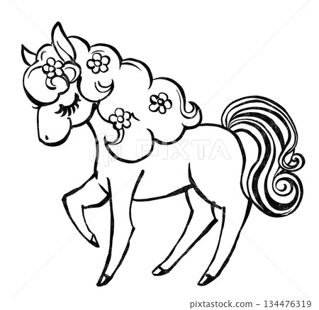 A retro, fairytale-like white pony with its eyes closed and flowers scattered in its mane. Print-style, black and white. A retro, fairytale-like white pony with its eyes closed and flowers scattered in its mane. Print-style, black and white. 134476319