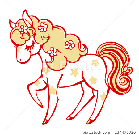 A retro, fairytale-like white pony with its eyes closed and flowers scattered in its mane. Brush-drawn and painted in two colors. A retro, fairytale-like white pony with its eyes closed and flowers scattered in its mane. Brush-drawn and painted in two colors. 134476320