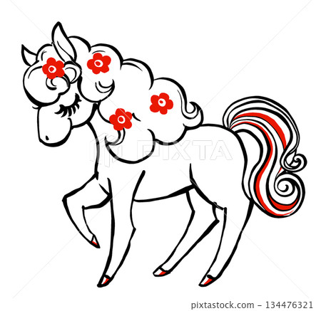 A retro, fairytale-like white pony with its eyes closed and flowers scattered in its mane. Brush-drawn in red and black. A retro, fairytale-like white pony with its eyes closed and flowers scattered in its mane. Brush-drawn in red and black. 134476321