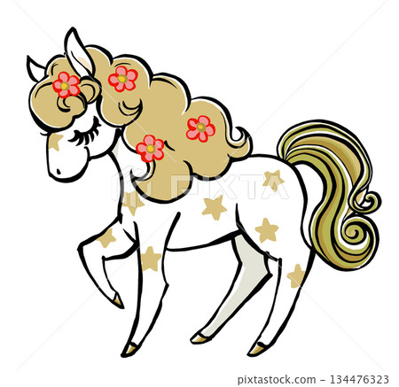 A retro, fairytale-like white pony with closed eyes and a golden mane studded with flowers. Brush-drawn and matte finish. A retro, fairytale-like white pony with closed eyes and a golden mane studded with flowers. Brush-drawn and matte finish. 134476323