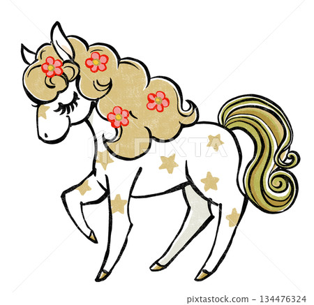A retro, fairytale-like white pony with its eyes closed and a golden mane studded with flowers. Print style. A retro, fairytale-like white pony with its eyes closed and a golden mane studded with flowers. Print style. 134476324