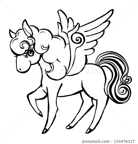 Retro and fairytale Pegasus, brush drawing, black and white Retro and fairytale Pegasus, brush drawing, black and white 134476327