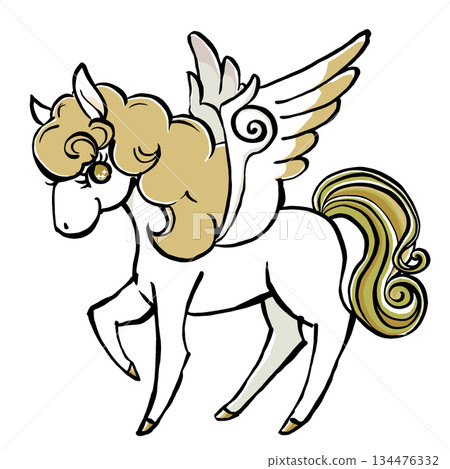 A retro, fairytale-like Pegasus with a golden mane, brush-drawn and matte finish A retro, fairytale-like Pegasus with a golden mane, brush-drawn and matte finish 134476332