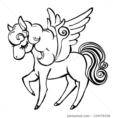 Retro and fairytale Pegasus with closed eyes, brush drawing, black and white Retro and fairytale Pegasus with closed eyes, brush drawing, black and white 134476336