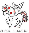 A retro, fairytale-like Pegasus with flowers scattered in its mane. Brush-drawn in red and black. 134476348
