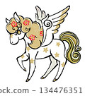 A retro, fairytale-like Pegasus with a golden mane and scattered flowers. Print style. 134476351
