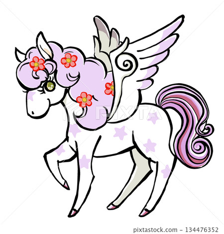 一匹復古童話風格的飛馬，鬃毛呈現柔和的粉彩色，周圍散落著鮮花。採用筆刷繪製，霧面。 134476352
