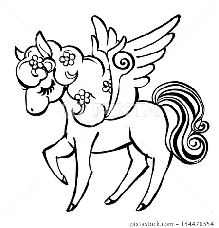 A retro, fairytale-like Pegasus with its eyes closed and flowers scattered in its mane. Brush-drawn in black and white. 134476354