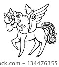 A retro, fairytale-like Pegasus with its eyes closed and flowers scattered in its mane. Print-style, black and white. 134476355