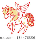 A retro, fairytale-like Pegasus with its eyes closed and flowers scattered in its mane. Brush-drawn and painted in two colors. 134476356