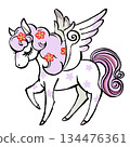 A retro, fairytale-like Pegasus with its eyes closed and pastel-colored mane studded with flowers. Brush-drawn and matte finish. 134476361