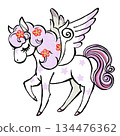 A retro, fairytale-like Pegasus with its eyes closed and pastel-colored mane studded with flowers. Print style. 134476362