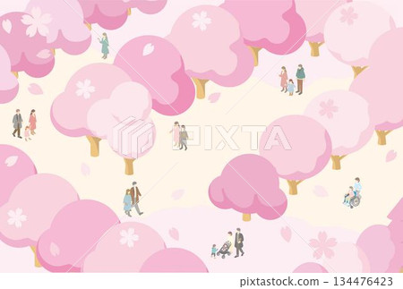 等距視角插圖,描繪了人們在春日公園賞櫻的場景。櫻花樹和形形色色的人群(家庭、情侶、輪椅使用者)。 等距視角插圖,描繪了人們在春日公園賞櫻的場景。櫻花樹和形形色色的人群(家庭、情侶、輪椅使用者)。 134476423