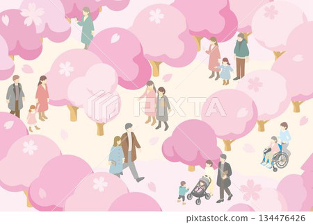 等距視角插圖,描繪了人們在春日公園賞櫻的場景。櫻花樹和形形色色的人群(家庭、情侶、輪椅使用者)。 等距視角插圖,描繪了人們在春日公園賞櫻的場景。櫻花樹和形形色色的人群(家庭、情侶、輪椅使用者)。 134476426