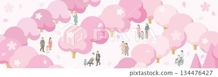 等距視角插圖，描繪了人們在春日公園賞櫻的場景。櫻花樹和形形色色的人群（家庭、情侶、輪椅使用者）。 134476427