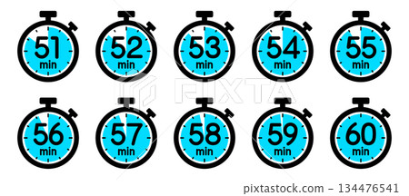 Stopwatch icon showing time (51 minutes/52 minutes/53 minutes/54 minutes/55 minutes/56 minutes/57 minutes/58 minutes) 134476541