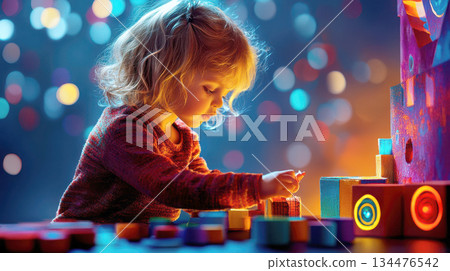 Child playing with colorful building blocks in soft light. 134476542