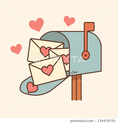 Open mailbox filled with heart envelopes in cute pastel romantic style 134476550