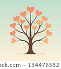 Heart shaped leaves growing on a stylized tree in soft pastel landscape 134476552
