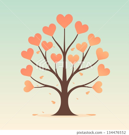 Heart shaped leaves growing on a stylized tree in soft pastel landscape 134476552