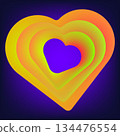 Vibrant layered neon heart shapes glowing on dark purple background 134476554