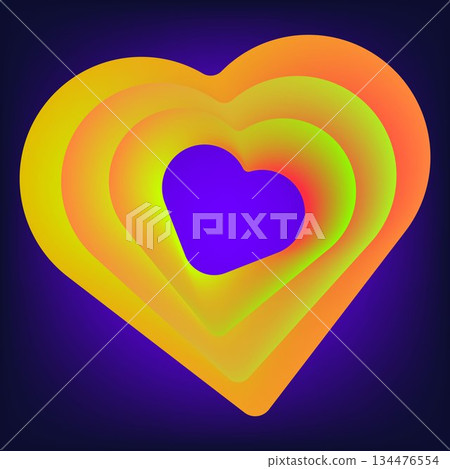 Vibrant layered neon heart shapes glowing on dark purple background 134476554