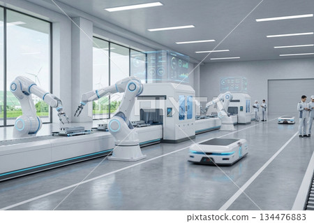 Stylish interior image of a smart factory that combines cutting-edge technology 134476883