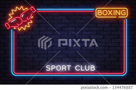 Dynamic neon vector frame with boxing sport club text and striking glove graphic. Great for fitness campaigns, competition banners, and athletic branding. 134476887