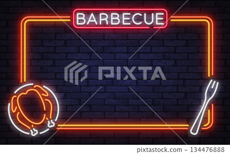 Classic neon vector frame with barbecue sign, chicken icon, and grilling fork. Great for restaurant menus, street food visuals, and night branding. Classic neon vector frame with barbecue sign, chicken icon, and grilling fork. Great for restaurant menus, street food visuals, and night branding. 134476888