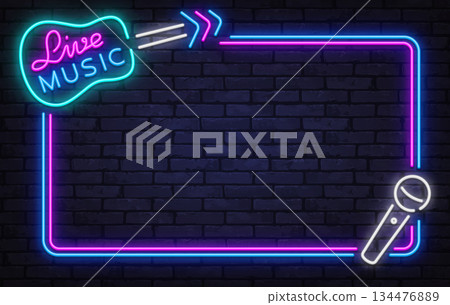 Colorful neon vector frame with live music sign, arrows, and microphone icon. Perfect for concert posters, club events, and nightlife announcements. Colorful neon vector frame with live music sign, arrows, and microphone icon. Perfect for concert posters, club events, and nightlife announcements. 134476889