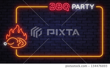 Vibrant neon vector frame with BBQ party lettering and roasted meat symbol. Designed for festive invites, food posters, and backyard grill celebrations. 134476893