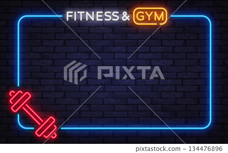 Bold neon vector frame with fitness and gym sign plus dumbbell icon. Perfect for workout promotions, sports posters, and modern health club branding. Bold neon vector frame with fitness and gym sign plus dumbbell icon. Perfect for workout promotions, sports posters, and modern health club branding. 134476896