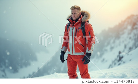 一名男子在雪地裡搜尋 134476912