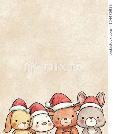 一幅描繪戴著聖誕帽的可愛動物的邊框插圖。 134476938