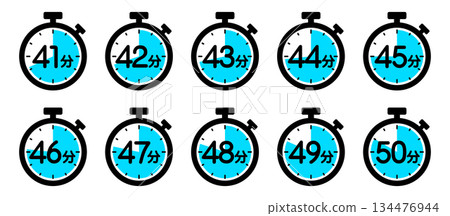 Stopwatch icon showing time (41 minutes/42 minutes/43 minutes/44 minutes/45 minutes/46 minutes/47 minutes/48 minutes) 134476944