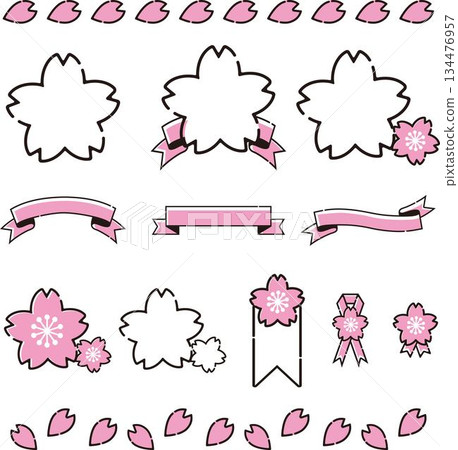 A set of cherry blossom and petal icons, frames, and ribbons. A Japanese-style line art illustration perfect for celebrating spring graduations and entrance ceremonies. 134476957