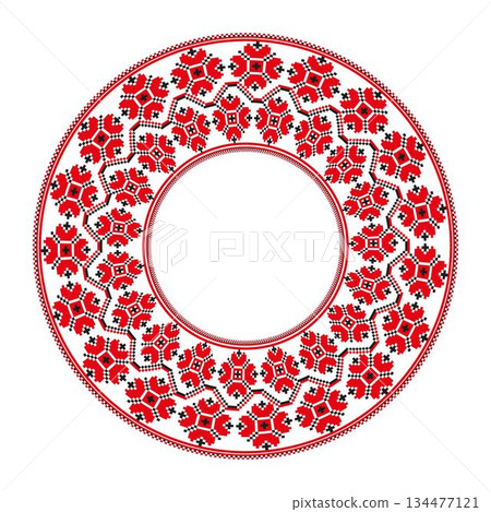Round frame with floral pattern in slavic ethnic style. Traditional folk embroidery round frame. Ukrainian, Belarusian, Bulgarian, Slavic embroidery. Folklore. Ethnic design, cultural symbol, heritage Round frame with floral pattern in slavic ethnic style. Traditional folk embroidery round frame. Ukrainian, Belarusian, Bulgarian, Slavic embroidery. Folklore. Ethnic design, cultural symbol, heritage 134477121