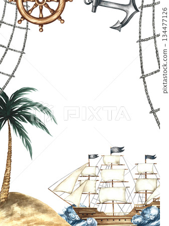 A frame with a seascape and a ship. Hand-drawn watercolor illustration. A ship at sea, an island with a palm tree, a steering wheel, and an anchor. For greeting and invitation cards, posters, and more A frame with a seascape and a ship. Hand-drawn watercolor illustration. A ship at sea, an island with a palm tree, a steering wheel, and an anchor. For greeting and invitation cards, posters, and more 134477126