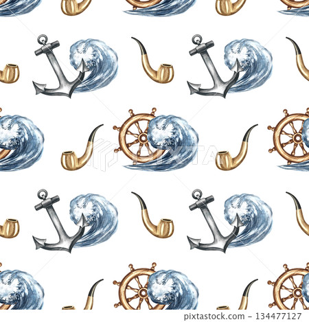 Seamless nautical pattern. Hand-drawn watercolor illustrations. Ship's wheel, anchors, captain's smoking pipes and waves. Concept of nautical establishment design. For textiles, packaging and more. Seamless nautical pattern. Hand-drawn watercolor illustrations. Ship's wheel, anchors, captain's smoking pipes and waves. Concept of nautical establishment design. For textiles, packaging and more. 134477127